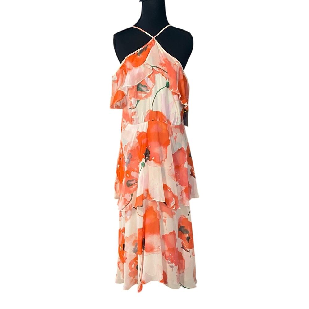 NWT CeCe 14 Asymmetrical Floral watercolor tiered Dress Red and White halter